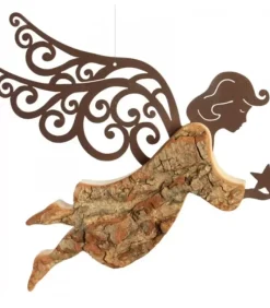 Waldfabrik, photophore en bois et étoile sapin de Noël Ange De Noël A Suspendre En Metal Et Ecorce, 18 Cm