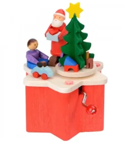 Graupner, décoration de sapin de Noël, Déco Noël enfant Boite A Musique A Manivelle Rouge, Père Noël Et Enfant