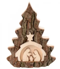 Waldfabrik, photophore en bois et étoile sapin de Noël Crèche De Noël 16 Cm, Taillee Dans Une Ecorce De Bois En Forme De Sapin