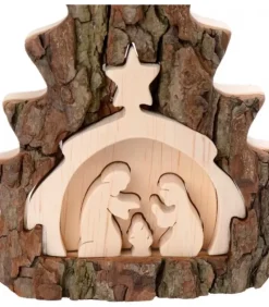 Waldfabrik, photophore en bois et étoile sapin de Noël Crèche De Noël 16 Cm, Taillee Dans Une Ecorce De Bois En Forme De Sapin