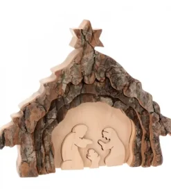 Waldfabrik, photophore en bois et étoile sapin de Noël Crèche De Noël 13 Cm, Taillee Dans Une Ecorce De Bois, Motif Etable
