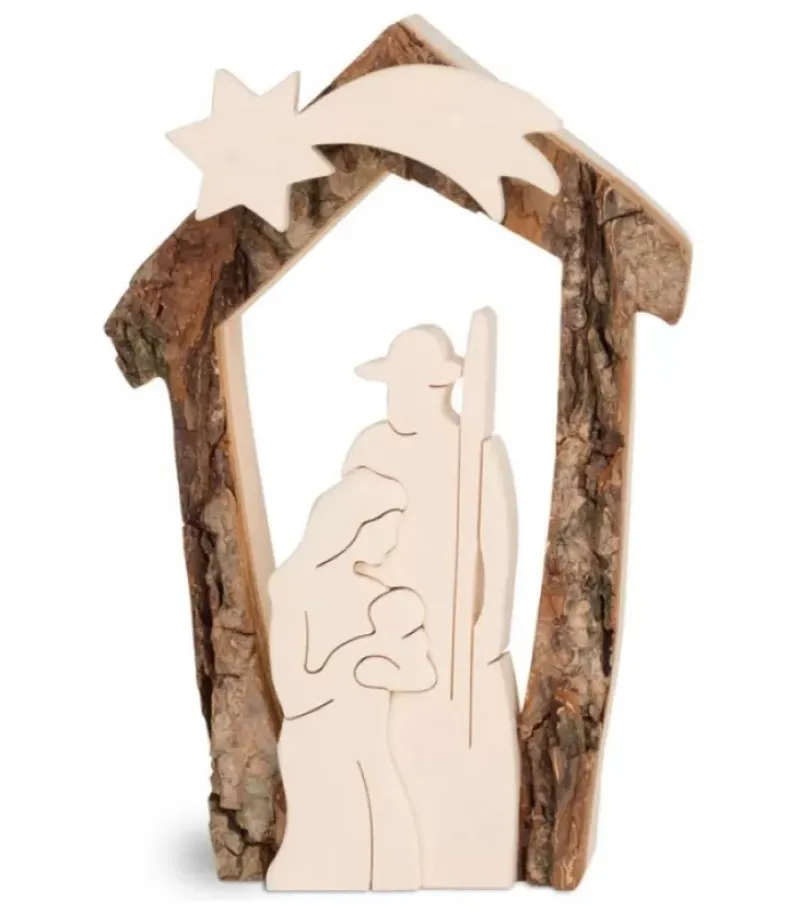 Waldfabrik, photophore en bois et étoile sapin de Noël Crèche De Noël En Ecorce 12,5 Cm, Avec Nativite En Bois D'Erable