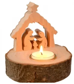 Waldfabrik, photophore en bois et étoile sapin de Noël Crèche De Noël Sur Rondin De Bois Avec Bougeoir