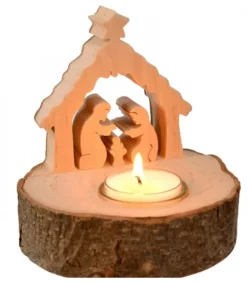 Waldfabrik, photophore en bois et étoile sapin de Noël Crèche De Noël Sur Rondin De Bois Avec Bougeoir