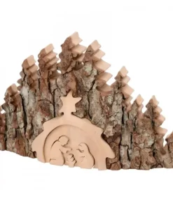 Waldfabrik, photophore en bois et étoile sapin de Noël Crèche De Noël Taillee Dans Une Ecorce De Bois, Motif Etable, 20 Cm