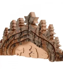 Waldfabrik, photophore en bois et étoile sapin de Noël Crèche De Noël Taillee Dans Une Ecorce De Bois, Motif Grotte, 20 Cm