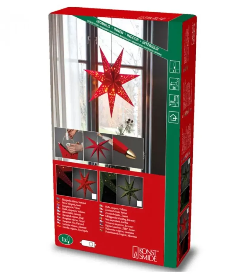 Konstsmide, guirlandes lumineuses de Noël Etoile Lumineuse 7 Branches En Papier Velours Rouge A Suspendre, 60 Cm