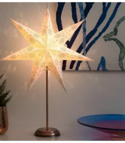 Konstsmide, guirlandes lumineuses de Noël Etoile Lumineuse Electrique 7 Branches En Papier, Blanche, Sur Pied Cuivre 48 Cm