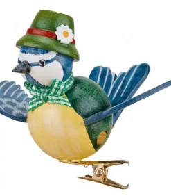 Hubrig, figurines pour enfant Oiseau Décoratif, Mesange Bleue Et Noeud Vert, 6 Cm