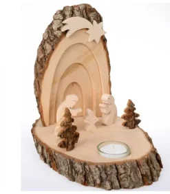 Waldfabrik, photophore en bois et étoile sapin de Noël Petite Crèche De Noël En Ecorce De Bois Avec Sapins Et Bougeoir