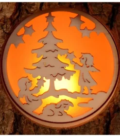 Waldfabrik, photophore en bois et étoile sapin de Noël Photophore Rondin De Bois, Avec 3 Motifs, Crèche, Anges Et Bonhomme De Neige
