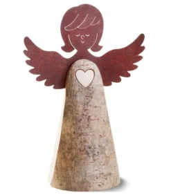 Waldfabrik, photophore en bois et étoile sapin de Noël Statuette Ange En Bois Avec Coeur Et Ailes Metal, 26 Cm